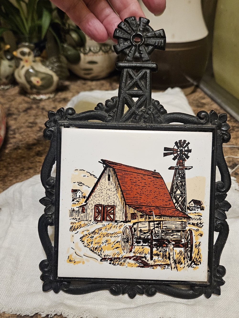 Vintage Black Cast Iron Farmhouse Tile Plaque with Red Barn Artwork